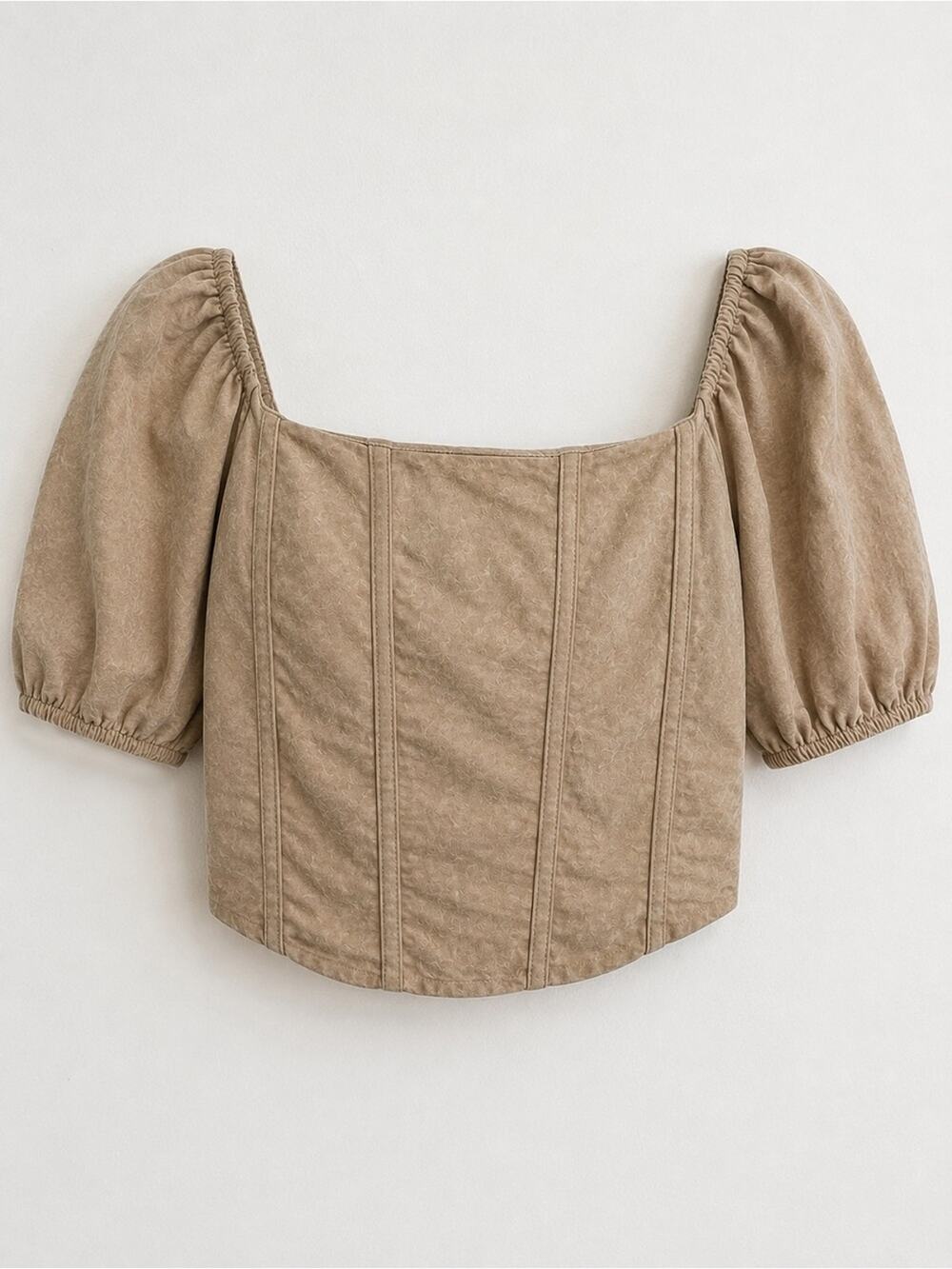 Kirious Los Angeles Taupe Puff Sleeve Smocked Crop Top XL